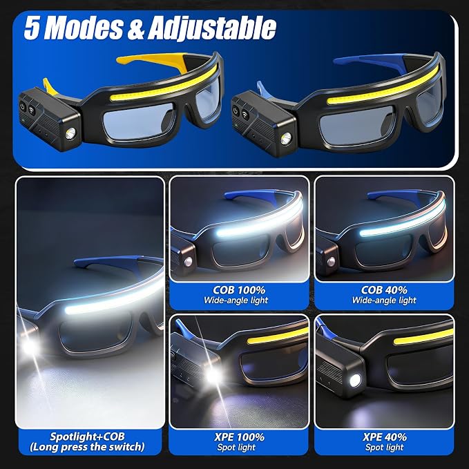 2Pack Rechargeable Headlight Glasses,Rechargeable Headlamp, 5 Modes Safety Glasses with Light,Waterproof Head Light for Running, Cycling, Camping,Night Work