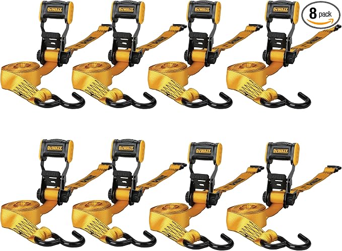 DEWALT DXBC18002-8PK Black/Yellow 1.25" x 12' Ratchet Tie Down Straps - Light-Weight Cargo Hauling (1800 lb Break Strength), 8 Pack