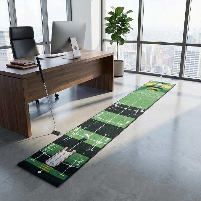 GLANC Golf Putting Practice Mat Set with Alignment Mirror & Cup, 20 in X 10 ft Training Aid Mat, Anti-Slip Backing Golf Putting Green for Indoor and Outdoor Use