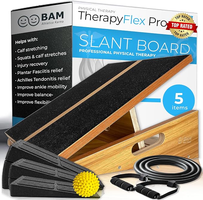 BAM Athletica's Physical Therapy Slant Board for Calf Stretching, Injury Recovery & Fitness | Adjustable Calf Stretcher Incline Board for Plantar Fasciitis Relief, Achilles Rehab, Squats & Exercise