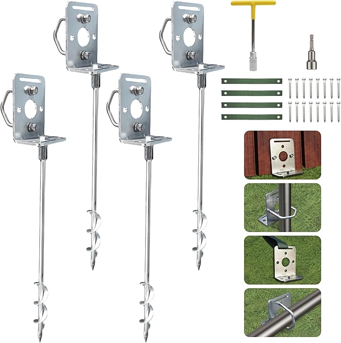 NACETURE 18-Inch Ground Anchors Screw in, Heavy Duty Trampoline Anchor Kit with L Brackets, 4 Pack Screw In Ground Anchors with Manual & Power Wrench, Tie-Down Straps for Trampoline