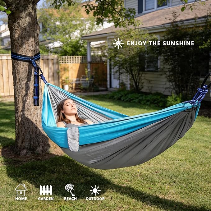 Camping Hammocks, Double & Single Hammock with Tree Straps,Portable Lightweight Parachute Nylon Camping Gear for Outside Hiking Beach Backpack Survival Travel- Up to 400lbs