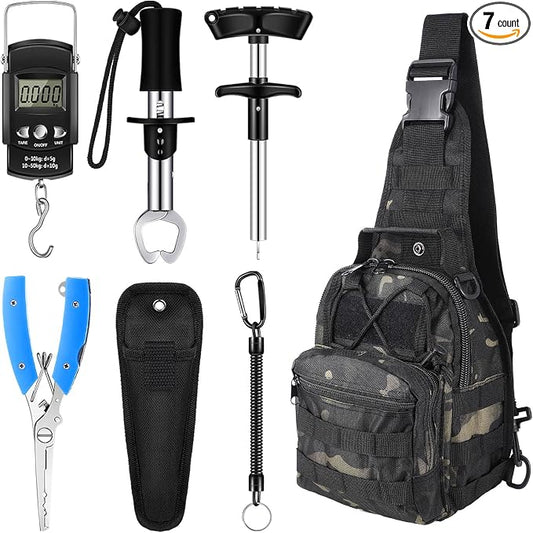 Hungdao 7 Pcs Fishing Backpack Tool Kit Fish Gear Fish Hook Pliers Remover Digital Scale Gripper Sheath Lanyards Hook Separator for Saltwater Freshwater Fishing Men Gift
