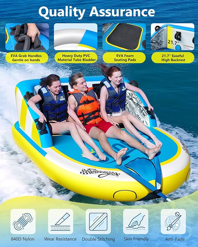 2025 Upgrade Towable Tubes for Boating 1-3 Riders Inflatable Water Sport Towable Tube for Boat Heavy Duty Nylon Cover with Zipper Bolster Fins Safety Air Valve Padded Handle