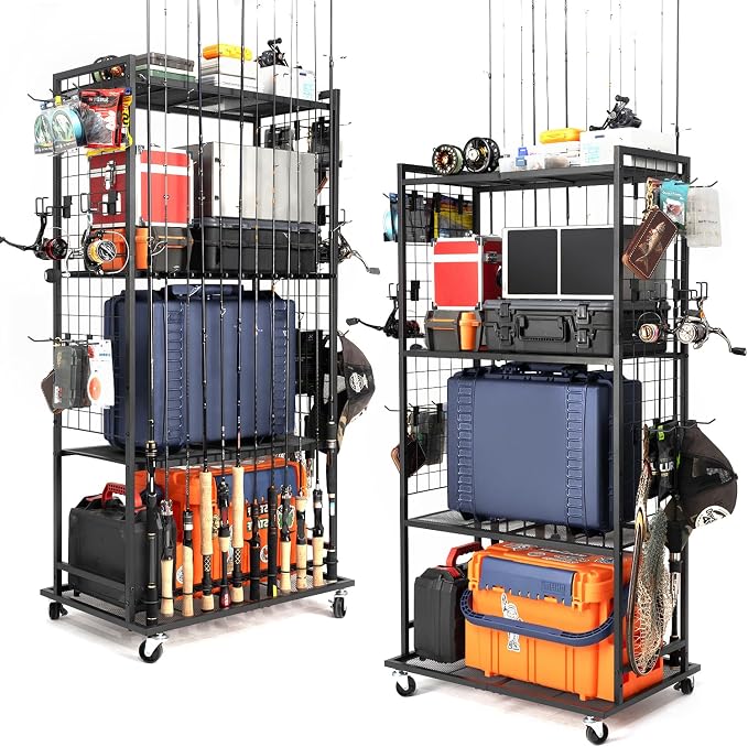 SOYEEZE Fishing Rod Holders for Garage, 4 Tier Adjustable Fishing Pole Holders Up to 12 Rods, Fishing Rod Rack with Lockable Wheels for Large Tackle Box Storage and Fishing Equipment Organization