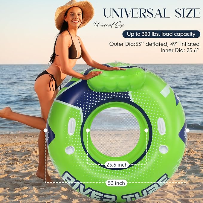 1 Pcs 53'' River Tubes for Floating Heavy Duty Inflatable River Floats for Adults Large Lake Tube Float with 2 Cup Holders & Comfortable Backrest Recreational Pool Water Rafts Holds 300lb