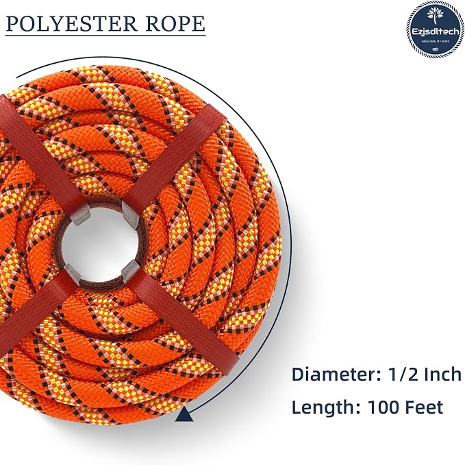 1/2 in x 100 ft Polyester Arborist Rigging Rope, Orange Braided Tree Climbing Rope 48 Strands for Farm Work and Swinging