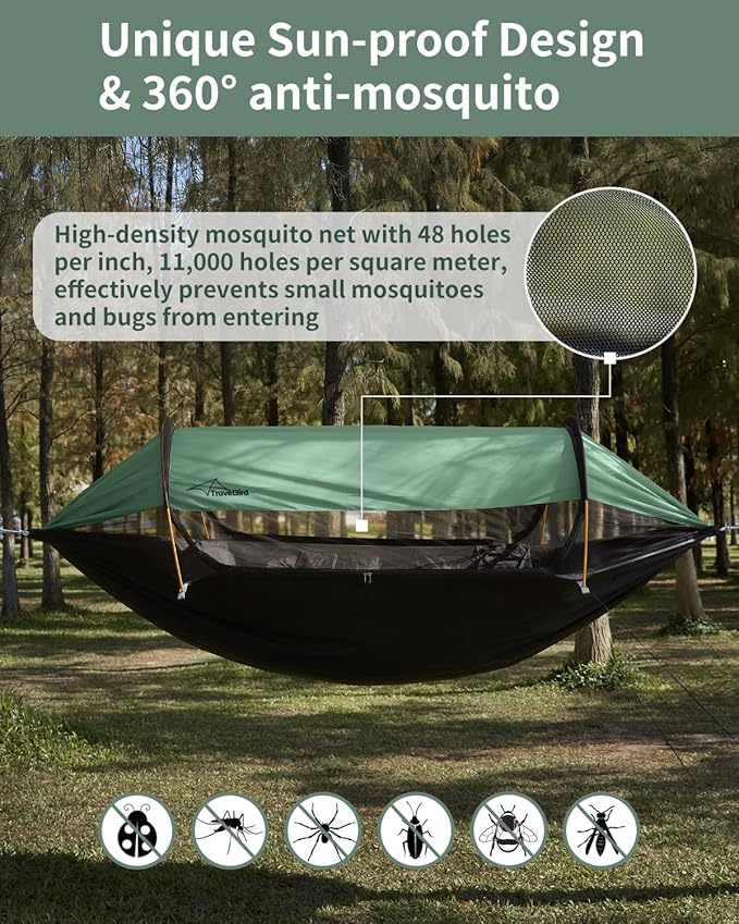 Camping Hammock Tent with Heavy Duty Carabiner Clips, Lightweight Hanging Hammocks Tree Straps, Bivvy Ground Tent for Outside, Hiking, and Travel