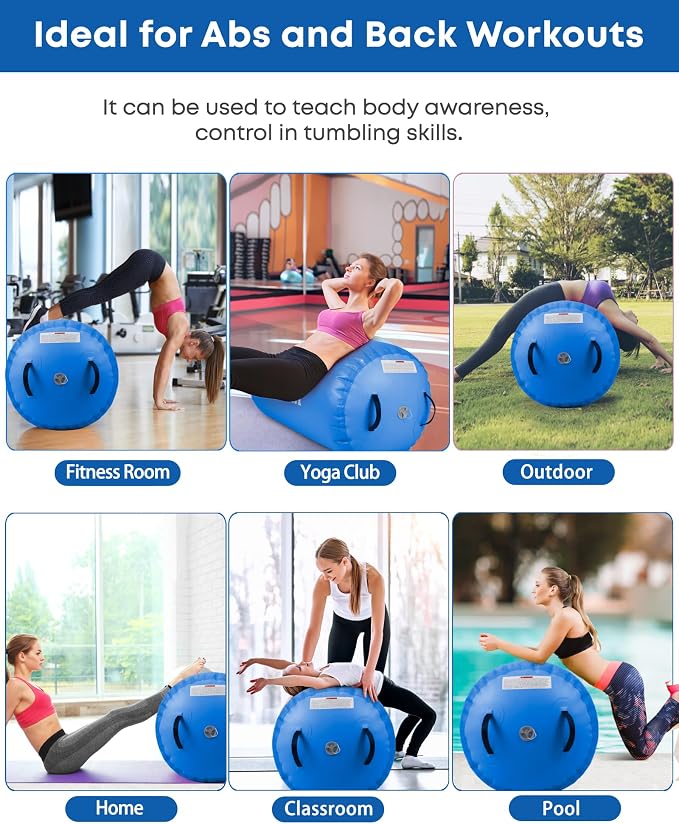 Air Barrel - Air Roller Gymnastics Barrel for Back Handspring Trainer, Air Tumble Mat with Pump for Gym Training/Yoga Balance Exercise/Cheerleading/Home and Outdoor Use
