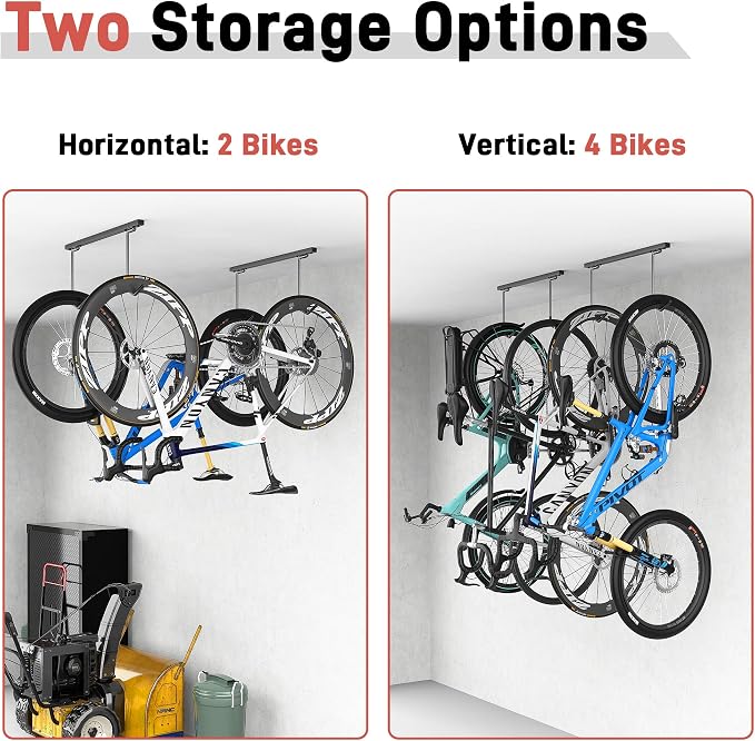 Ultrawall Ceiling Bike Rack for Garage, Indoor Bike Storage Hanger for up to 2 Bikes (Horizontally), 4 Bikes (Vertically) with Adjustable Cycling Hooks, 25 Inch