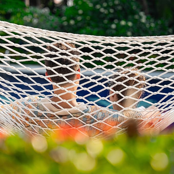 Lazy Daze Hammocks 12FT Double Rope Hammocks, 2 Person Hand Woven Cotton Hammock with Pillow and Spreader Bar for Outside, Patio, Poolside, FIT 13-15 Ft Stand, Max 450 Lbs, Natural, 141 x 57 inches