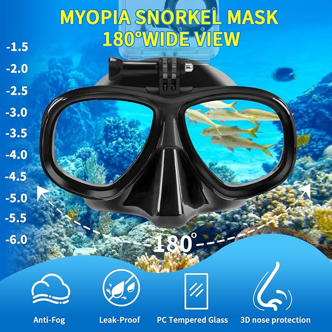 Nearsighted Snorkeling Gear for Adults Youth, Professional Shortsighted Full Dry Top Silicone Snorkel Set, Anti-Fog Diving Mask with Detachable Camera Mount for Scuba Diving, Spearfishing, Freediving
