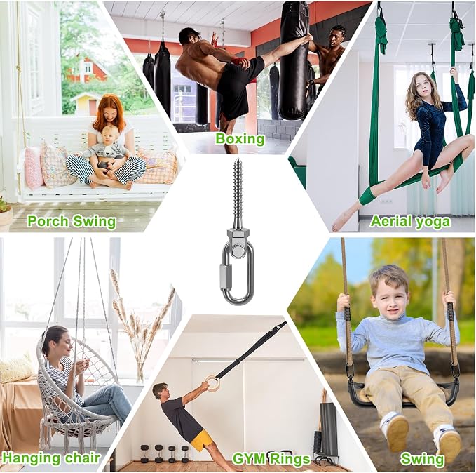 SELEWARE Heavy Duty 304 Stainless Steel Swing Hangers Set of 6, 180° Rotation Porch Swing Hardware for Playground, Yoga Hammock, Punching Bag & Outdoor Swing Sets