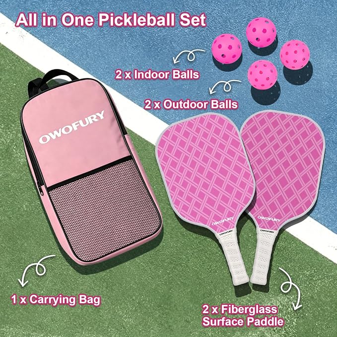 Fiberglass Pickleball Paddles Set of 2, Pickle Ball Racket Lightweight Honeycomb Core Control Paddle, with 4 Indoor Outdoor Balls and Bag for Men Women