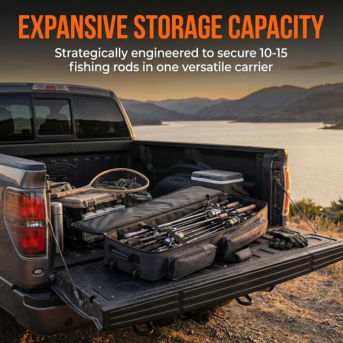 Fishing Rod Bag, 4000D Oxford Waterproof Fishing Rod & Reel Organizer Bag, Roll-Up Foldable Travel Carry Case Holds 6-15 Rods & Tackle, Heavy Duty Fishing Bag for Men