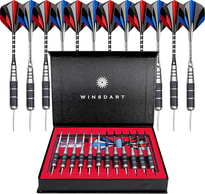 WINSDART Steel Tip Darts 12 Pack Set with Nonslip Iron Barrel Aluminum Dart Shafts and Flights Darts Sharpener an Gift Box