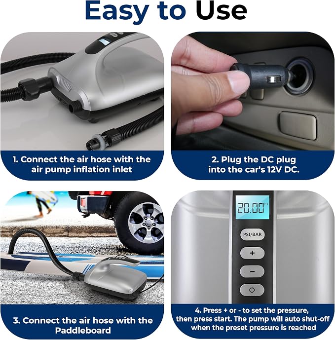 SereneLife Digital SUP Electric Air Pump – 20PSI High Pressure Inflator/Deflator with LCD Display, Universal Adapters, 12V DC Car Connector, Compact Portable Compressor for Kayak & Paddle Boards