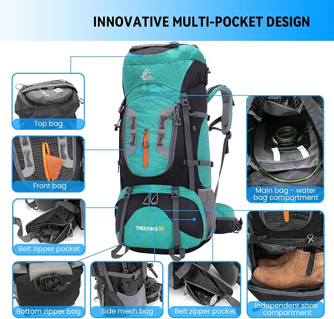 Bseash 80L Waterproof Hiking Camping Backpack with Rain Cover, Lightweight Outdoor Sport Travel Daypack for Climbing Touring (Lake Green)