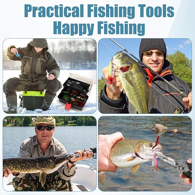 RoundFunny 3 Layers Fishing Tackle Box 414 Pcs Fishing Gift Lures Gear Kit with Tackle Included Pliers Lip Gripper Bait Hook Accessories for Beginner Fisherman Women Men, Fit Bass Trout