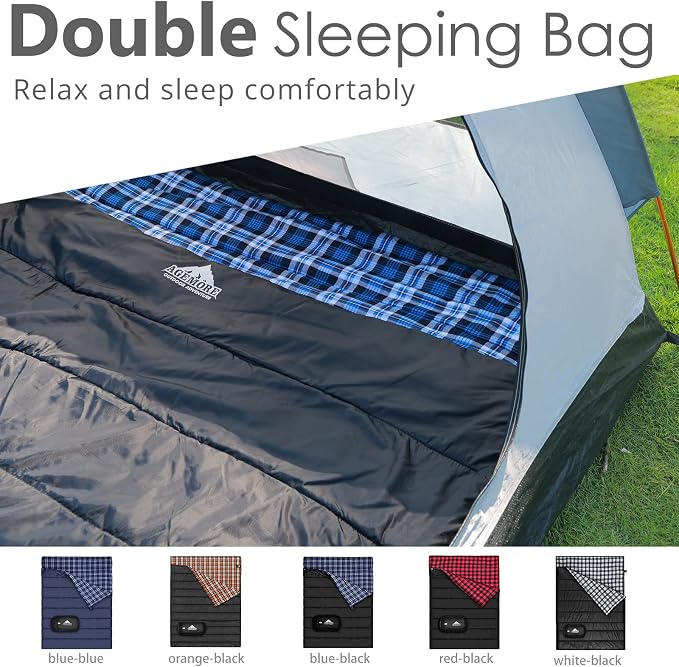 Cotton Flannel Double Sleeping Bag for Camping, Backpacking Or Hiking. Queen Size 2 Person Waterproof Sleeping Bag for Adults Or Teens. Lightweight with Compression Sack