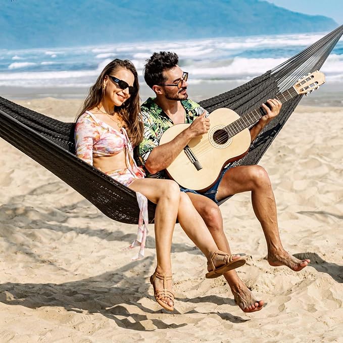 Lazy Daze Hammocks Handwoven XL Mayan Hammock, 10.5 FT Soft Rope Double Hammocks, Portable Outdoor Hammock with Carry Bag, 2 Straps & Carabiners for Patio Outside, 550 lbs Weight Capacity, Gray
