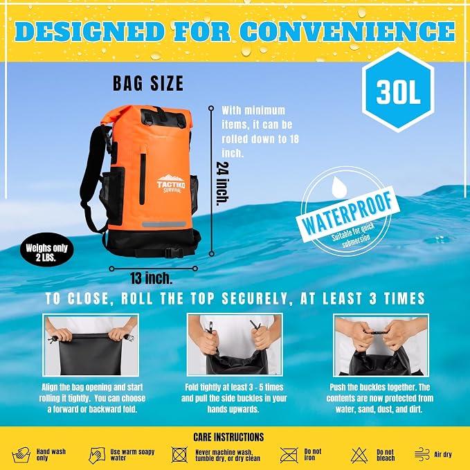 TACTIKO 35L Heavy-Duty 100% Waterproof Backpack, Roll Top Dry Bags for Kayaking, Hiking, Camping, Survival