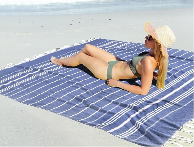 Oversized Turkish Beach Towel Blanket XXL Cotton Sandproof Towels Boho Woven Extra Large Big Sand Free Giant Throw Blankets Huge Quilt XL Picnic Camping Necessities Cloud For Adult Gifts Blue