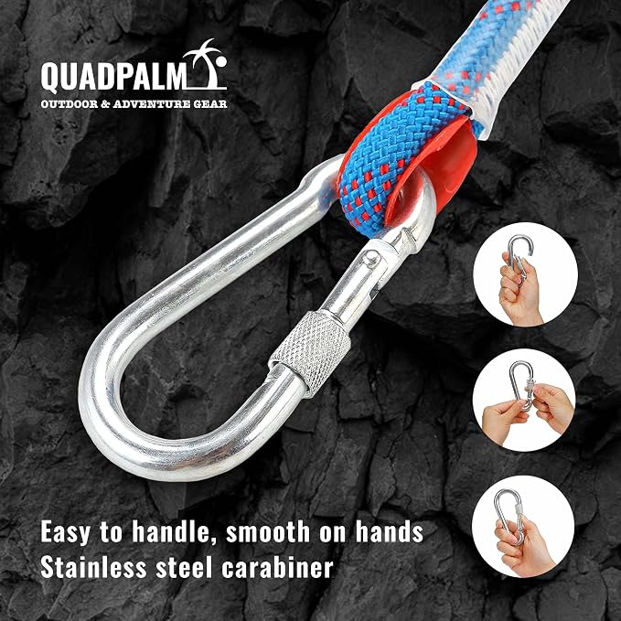 Grappling Hook with 10m Rope – Multifunctional QUADPALM Grapple Hook - 4 Stainless Steel Folding Claws - Heavy Duty - Outdoor Camping Hiking Tree Rock Mountain Climbing Equipment