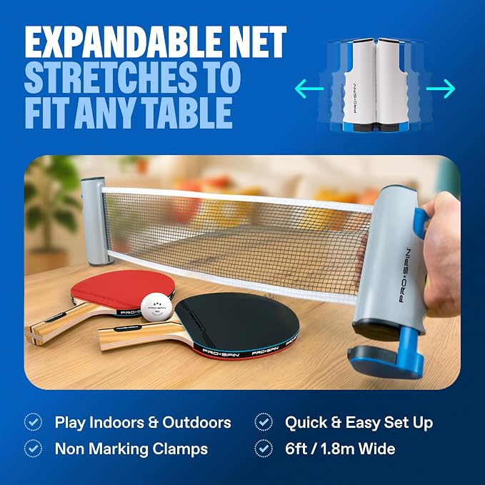 PRO-SPIN Portable Ping Pong Set with Retractable Ping Pong Net for Any Table, All-in-One Table Tennis Set with Ping Pong Paddles, Balls & Case, Table Top Family Game