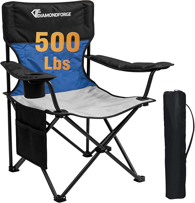Oversized Camping Chair, 500 LBS High Back Lawn Chairs Folding (Black Blue) | Portable Outdoor Heavy Duty Folding Camping Chairs for Adults, with Cup Holder for Picnic, Lawn, Beach, Fishing and Sports