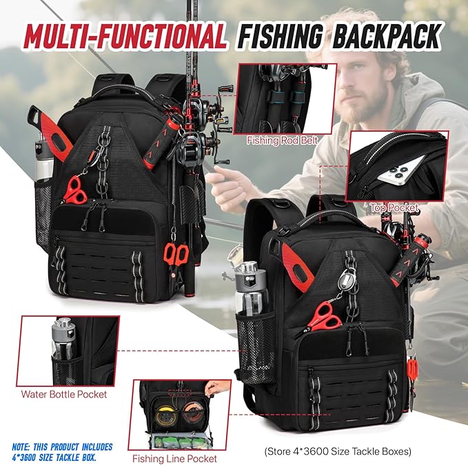 Fishing Tackle Backpack,Tackle Bags with 2 Rod Holders & 4 Tackle Boxes, Water-Resistant Large Tackle Bag Storage Bag for Fishing Gear, Fisher Gifts for Men, Black