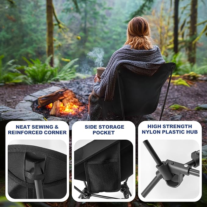 Portable Camping Chairs for Adults Heavy Duty, Compact Backpacking Chair Supports 330 Lbs Lightweight Folding Camp Chair with Side Pocket for Outdoor Travel Beach Hiking Picnic, Black
