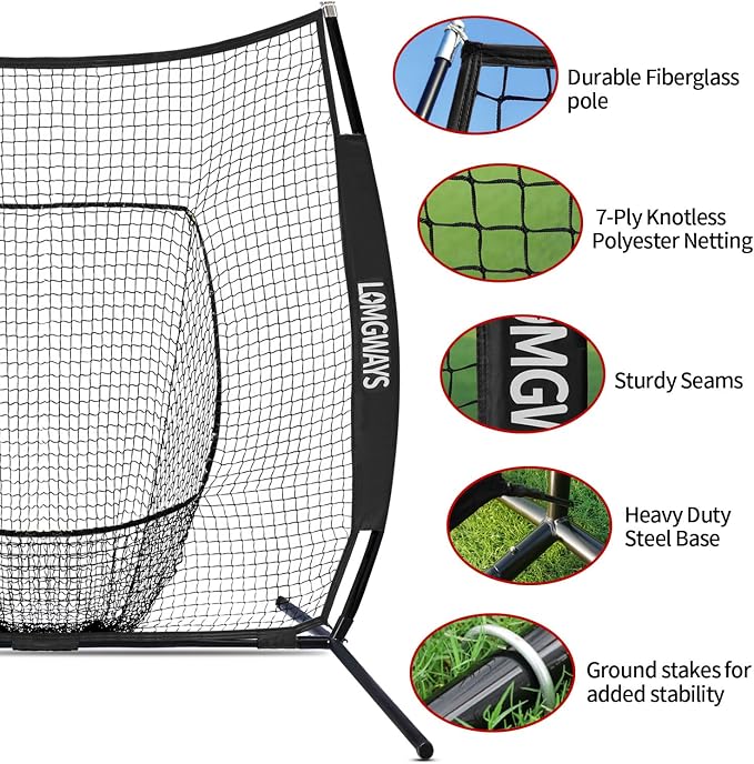 7x7ft/8x8ft Baseball Softball Net with Steel Frame for Batting, Hitting, Pitching, Portable Baseball Batting Net with Carry Bag, Great for All Levels