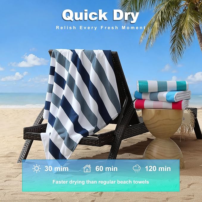 Jessy Home 4 Pack Striped Oversized Beach Towel Set, 40x70 Inch Microfiber Sandproof Quick Dry Super Soft Swim Towels, Absorbent Stylish Pool Towels, Swim Cover Up for Beach Vacation Travel