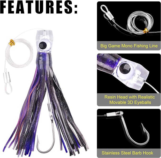 Trolling Lures Saltwater for Tuna Mahi Marlin Wahoo Dolphin Shark Offshore Trolling Baits with Squid Skirt Big Game Fishing Lures Deep Sea Squid Skirts Rig 6/9 inch