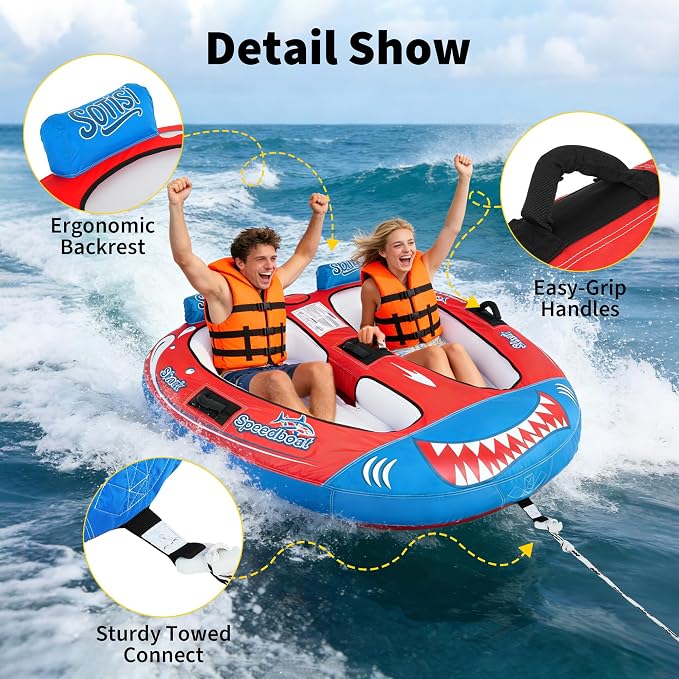 Towable Tube for Boating, 1–2 Person Inflatable Towable Tube with Quick Connect, Heavy Duty 840D Nylon Water Tube for Lake & Water Sports