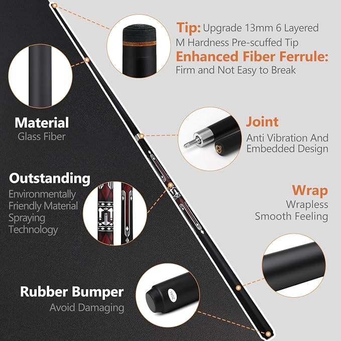 Pool Cue Stick with Case, 13mm Glass Fiber Pool Cue Stick, Pool Cue Kit, Billiard Cue Stick with Case, 58" Professional Billiards Low Deflections Cue Stick with Gloves, Aerator, 19 Oz