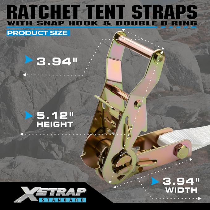 XSTRAP STANDARD 4PK 1" Ratchet Tent Straps with Snap Hook & Double D-Ring - 12ft Heavy Duty Tie Downs for Canopies, Tents, Inflatables, Camping, Event