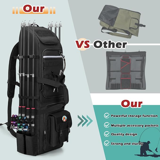 Rexmica Fishing Backpack Holds 8 Rods & Reels, Fishing Tackle Bag with Compartment for Tackle Boxes, Fishing Gear or Equipment, Fishing Rod Case Backpack, Fishing Pole Bag with Tactical Molle System