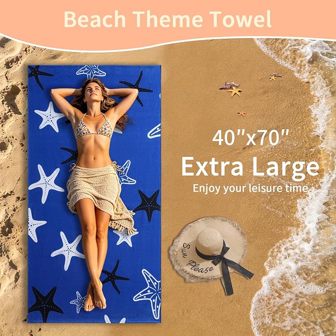 Oversized Beach Towels 4 Pack,40”x70” Microfiber Thin Large Beach Towel Set for Adults Travel Camping Swimming,Turtle Starfish Them Sand Free Quick Dry Lightweight XL Pool Towels -Blue & Green Pine