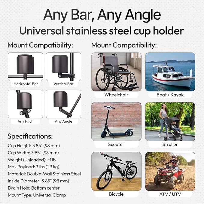 Kroozie Deluxe Bike Bottle Holder – Universal, Stainless Steel Bike Cup Holder for Handlebars – For Vertical or Angled Bars & Drinks up to 48 Oz. – Stroller, Cruiser, & Ebike Accessories