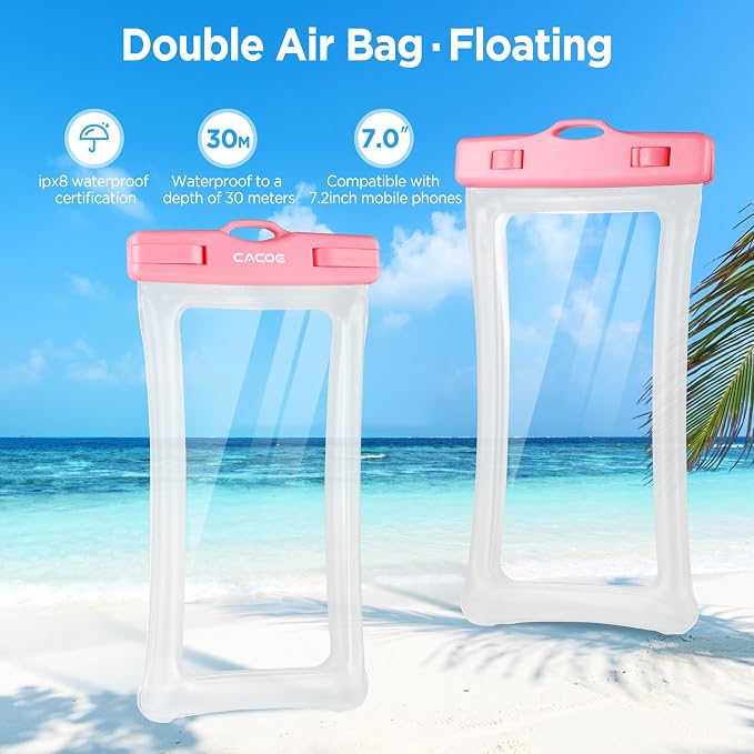 CACOE [Floatable] Floating Universal Waterproof Phone Case 2 Pcs-Up to 7.0",Waterproof Phone Pouch with Adjustable Neck Lanyard,IPX8 Cellphone Dry Bags for Beach Pool Swimming（Blue+Pink）