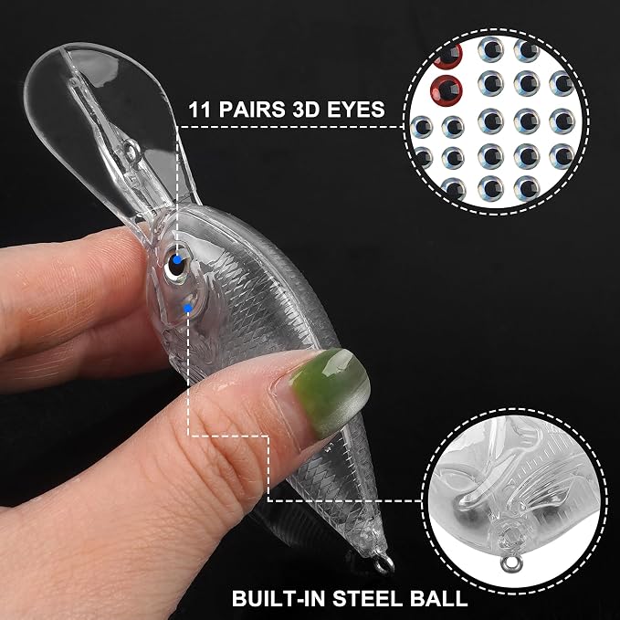 Blank Fishing Lure Kit,Unpainted Popper Plug Lures DIY Crank Bait Set Fishing Pliers Treble Hooks 3D/4D Lure Eyes Bait Sticker Split Rings,Fish Tackle Accessories Kits