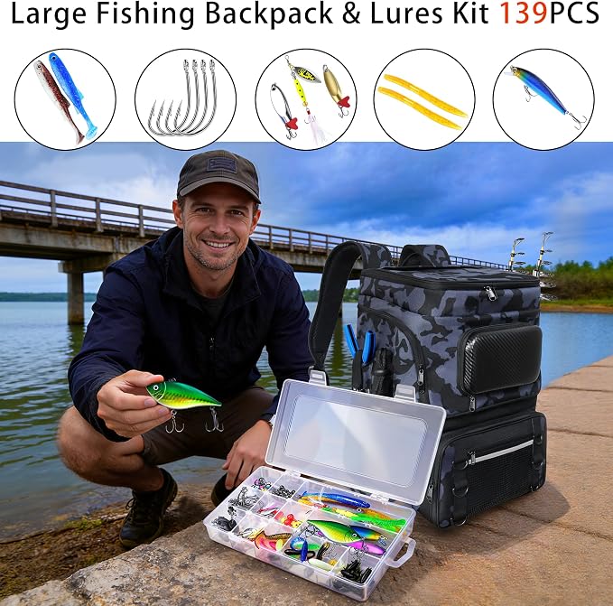 Fishing Backpack with Rod Holder and Tackle Boxes, Cooler, Large 50L Fishing Gear Bag with 139 Fishing Lures Kit, Fish Tool Set, Fish Gifts for Men Woman-Camo Backpack
