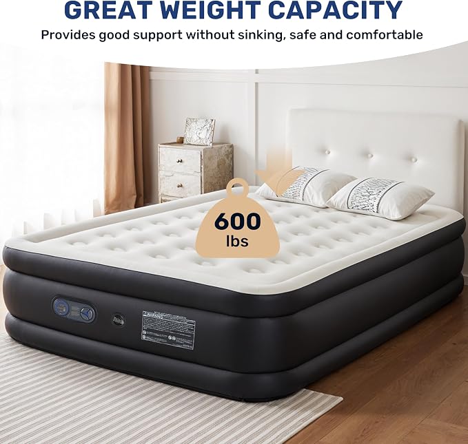 YSSOA Queen Camping Air Mattress with Built-in Electric High-Speed Pump, 16" Bed Height, Comfort Blow Up Inflatable Airbed with Carrying Bag for Travel & Home Guests, Waterproof Foldable Portable