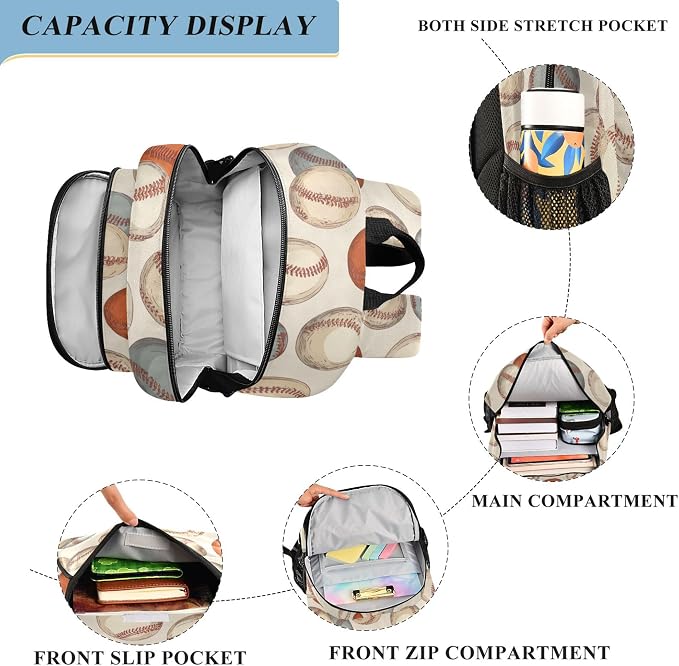 Fisyme Vintage Baseball Sport School Backpack Laptop Backpacks Bags Bookbag Travel Casual Computer Notebooks Daypacks