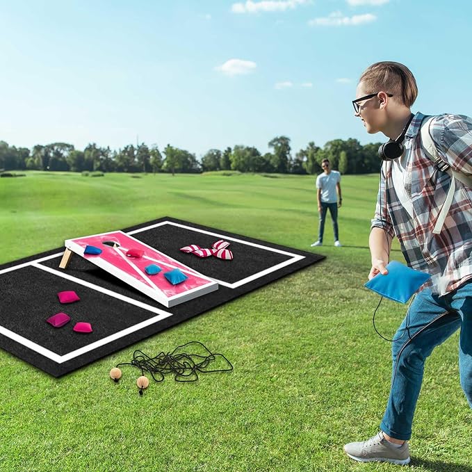 RoundFunny 2 Pcs Cornhole Mats Set 60x96 Professional Cornhole Pitch Pad, Range Finder Tool Set, Non-Slip Board Game Mats for Under Boards Keep Tossing Bags Clean and Secure Footing