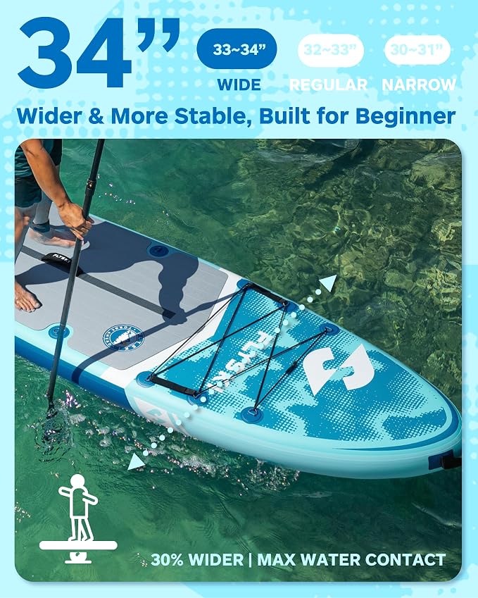 Flyski 11'x34 Ultra Wide Paddle Board, Inflatable Paddle Board&420lb Capacity for All Skill, Inflatable Paddle Board for Adults, Yoga/Family/Fishing Paddle Board, Anti-Slip Deck, US Fin, Pump,100L Bag