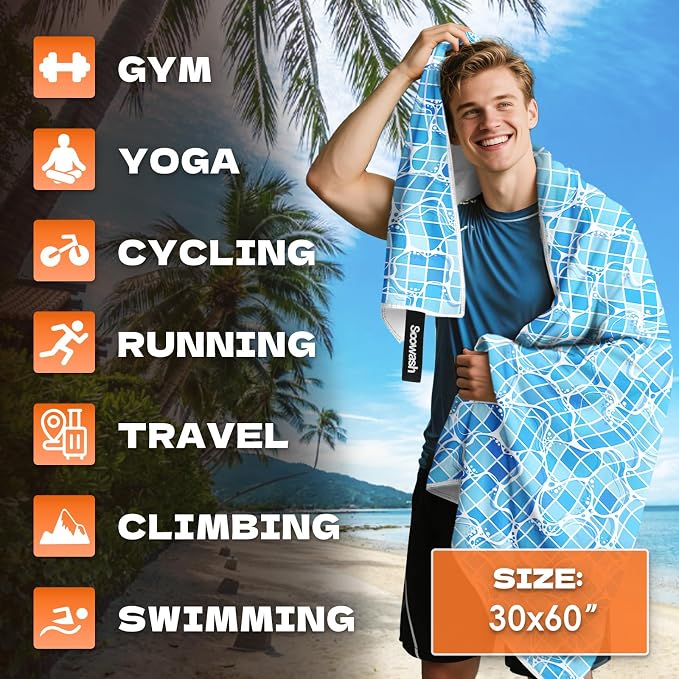 Microfiber Sweat Towel 2 Pack 30" x 60" Gym Towel Ripple Blue | Lightweight and absorbent microfiber towel with quick-dry, odor-resistant fabric for yoga, travel, camping and beach