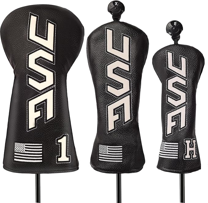 Golf Head Cover Set with USA Flag Cross-Stitch for Golf Club Driver Fairway Hybrid